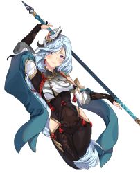 Rule 34 | 1girl, absurdres, arm up, bare hips, black bodysuit, blush, bodysuit, breasts, bridal gauntlets, closed mouth, covered navel, cropped legs, genshin impact, gluteal fold, hair ornament, highres, holding, holding polearm, holding weapon, long hair, looking at viewer, medium breasts, mirei-yume, polearm, shawl, shenhe (genshin impact), silver hair, simple background, smile, solo, swept bangs, thigh gap, very long hair, weapon, white background