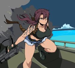 Rule 34 | 1girl, belt, black gloves, black lagoon, black tank top, blue sky, boat, boots, breasts, brown eyes, brown hair, cigarette, cleavage, closed mouth, cloud, collarbone, commentary, crop top, cross-laced footwear, cutoffs, denim, denim shorts, embers, english commentary, fingerless gloves, foot out of frame, galois, gloves, guard rail, gun, hair between eyes, headphones, highres, holding, holding gun, holding weapon, holster, large breasts, long hair, midriff, mouth hold, navel, ocean, outdoors, ponytail, revy (black lagoon), short shorts, shorts, shoulder holster, shoulder tattoo, sky, smoke, solo, tank top, tattoo, tribal tattoo, water, watercraft, weapon, weapon request