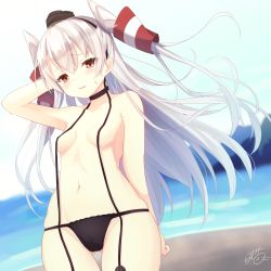 Rule 34 | 1girl, :d, amatsukaze (kancolle), arm behind head, bad id, bad pixiv id, beach, black choker, black hat, black panties, blush, breasts, breasts apart, brown eyes, choker, collarbone, cowboy shot, day, dress, eyelashes, fang, garter straps, gluteal fold, grey hair, hair between eyes, hair tubes, hand to head, hand up, hat, highres, kantai collection, long hair, long sleeves, looking at viewer, mini hat, open mouth, outdoors, panties, pantyshot, ramchi, red thighhighs, rensouhou-kun, sailor collar, sailor dress, short dress, signature, small breasts, smile, solo, standing, stomach, striped clothes, striped thighhighs, thighhighs, topless, two side up, underwear, underwear only, upskirt, wavy mouth, wind, wind lift