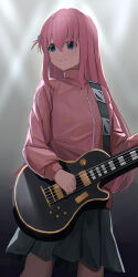 Rule 34 | 1girl, absurdres, backlighting, blue eyes, blurry, blurry background, blush, bocchi the rock!, gotoh hitori, guitar, highres, holding, holding guitar, holding instrument, instrument, jacket, kumare yuki, long hair, looking to the side, one side up, pink hair, pleated skirt, skirt, smile, solo, track jacket, very long hair