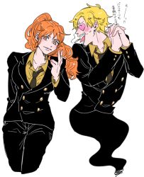 Rule 34 | 1boy, 1girl, :d, black pants, black suit, blonde hair, cigarette, cosplay, formal, heart, heart-shaped eyes, highres, holding, holding cigarette, long hair, long sleeves, looking at another, mike (tomatomato244), nami (one piece), necktie, one piece, open mouth, orange hair, own hands clasped, own hands together, pants, ponytail, sanji (one piece), sanji (one piece) (cosplay), shirt, smile, suit, white background, yellow shirt