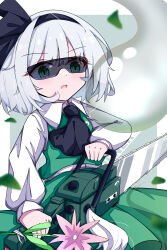 Rule 34 | 1girl, :o, absurdres, adapted weapon, ascot, black ascot, black hairband, black ribbon, border, chainsaw, collared shirt, flower, gaosuhuancun, green eyes, green skirt, green vest, grey hair, hair ribbon, hairband, hands up, highres, holding, holding chainsaw, konpaku youmu, konpaku youmu (ghost), leaf, light blush, light green background, long sleeves, looking down, open mouth, puffy sleeves, ribbon, safety glasses, shirt, short hair, simple background, skirt, skirt set, solo, touhou, vest, white border, white shirt, white sleeves