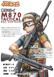 Rule 34 | 1girl, airsoft review illustrated, ammunition, ammunition focus, ammunition profile, armor, blonde hair, blue eyes, body armor, bulletproof vest, diagram, didloaded, ear protection, earmuffs, gloves, goggles, gun, headset, holding, information sheet, japanese text, law enforcement, long gun, magazine (weapon), microphone, original, police, polymer-cased ammunition, primer (firearms), pump-action shotgun, pump action, remington 870, remington arms, safety glasses, shotgun, shotgun shell, text focus, translation request, weapon, weapon focus, weapon profile