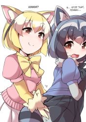 Rule 34 | 10s, 2girls, animal ears, black hair, black skirt, blonde hair, blush, brown eyes, chikan, clothes lift, commentary request, common raccoon (kemono friends), fennec (kemono friends), fox ears, fun bo, gloves, hard-translated, kemono friends, multicolored hair, multiple girls, open mouth, panties, panties under pantyhose, pantyhose, pantyshot, raccoon ears, raccoon tail, short hair, short sleeves, simple background, skirt, skirt lift, smile, tail, third-party edit, translated, underwear, white background, white skirt, yuri