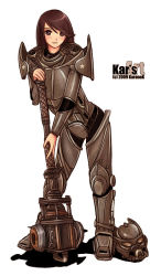 Rule 34 | 00s, 1girl, 2009, animification, armor, brown eyes, brown hair, enclave (fallout), fallout (series), fallout 3, game, hammer, helmet, karanak, lone wanderer, looking at viewer, original, power armor, simple background, sledgehammer, solo, supersledge, white background