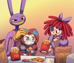 Rule 34 | 1boy, 2girls, animal ears, artist name, asymmetrical gloves, bag, blue bow, blue dress, blue gloves, blush, blush stickers, bow, box, brown hair, button eyes, buttons, chicken nuggets, colored sclera, colored skin, cup, dress, drinking straw, emmyliquid, eyeshadow, food, french fries, gloves, gradient background, hair bow, hat, highres, jax (the amazing digital circus), jester, jester cap, jester costume, ketchup, makeup, mcdonald&#039;s, mismatched gloves, multiple girls, open box, overalls, pomni (the amazing digital circus), purple eyeshadow, purple fur, rabbit boy, rabbit ears, ragatha (the amazing digital circus), red gloves, red hair, red overalls, smile, teeth, the amazing digital circus, two-tone eyes, white skin, yellow gloves, yellow sclera, yellow teeth, yoru mac