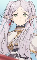 Rule 34 | 1girl, absurdres, belt, capelet, closed mouth, earrings, elf, frieren, green eyes, highres, jewelry, long hair, looking at viewer, ogura tubuan, pointy ears, simple background, solo, sousou no frieren, white hair