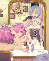 Rule 34 | 10s, 2girls, absurdres, bare shoulders, bazico, blue eyes, blue hair, chair, chandelier, comb, dressing, frills, hair ornament, hair over one eye, hair ribbon, highres, maid, messy hair, mirror, multiple girls, open mouth, painting (object), pink eyes, pink hair, ram (re:zero), re:zero kara hajimeru isekai seikatsu, reflection, rem (re:zero), ribbon, roswaal l. mathers, short hair, siblings, sisters, strap slip, tears, twins, tying, waking up, x hair ornament, yawning