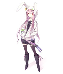 Rule 34 | 1girl, animal hood, black thighhighs, boots, hands in pockets, hood, hoodie, jewelry, long hair, necklace, nunchaku, original, pink hair, poco (asahi age), rabbit hood, red eyes, simple background, skirt, solo, thighhighs, weapon, white background