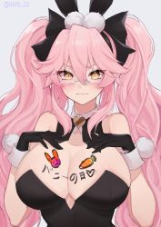 Rule 34 | 1girl, absurdres, animal ear fluff, animal ears, bad id, bad pixiv id, bare shoulders, black bow, black gloves, black leotard, blush, body writing, bow, breasts, cleavage, detached collar, fake animal ears, fate/grand order, fate (series), fox tail, glasses, gloves, hair between eyes, hair bow, highres, koyanskaya (assassin) (second ascension) (fate), koyanskaya (fate), large breasts, leotard, long hair, looking at viewer, nang z1, pink hair, playboy bunny, rabbit ears, sidelocks, smile, solo, tail, tamamo (fate), twintails, wrist cuffs, writing on breasts, yellow eyes