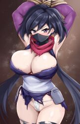 Rule 34 | 1girl, ayame (gundam build divers), black hair, blush, bound, bound arms, breasts, cleavage, fundoshi, gundam, gundam build divers, highres, japanese clothes, kimono, large breasts, long hair, looking at viewer, mask, mouth mask, ninja, ninja mask, purple eyes, r-binon, red scarf, scarf, short kimono, solo, split ponytail, torn clothes, upper body, very long hair