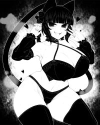 Rule 34 | 1girl, animal ears, blunt bangs, bra, braid, breasts, cat ears, cat girl, cat tail, cleavage, commentary request, curvy, detached sleeves, extra ears, fang, greyscale, groin, haseru (ginku mh), heart, huge breasts, kaenbyou rin, looking at viewer, medium hair, monochrome, multiple tails, navel, nekomata, open mouth, panties, pointy ears, side braids, sidelocks, skin fang, smile, solo, tail, touhou, twin braids, two tails, underwear, w