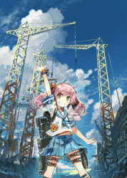 Rule 34 | 10s, 1girl, arm up, blouse, blue skirt, blue sky, bracelet, brown eyes, cloud, crane (machine), day, grin, hair ornament, highres, jewelry, kantai collection, kneehighs, konno takashi (frontier pub), looking at viewer, machinery, miniskirt, outdoors, outstretched arms, pink hair, pleated skirt, rabbit, rigging, sazanami (kancolle), school uniform, serafuku, shirt, skirt, sky, smile, socks, solo, thigh strap, twintails, white shirt