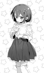 Rule 34 | 1girl, atage, blush, bow, c:, closed mouth, clothing cutout, greyscale, hair bow, long sleeves, looking at viewer, medium hair, monochrome, original, shoulder cutout, skirt, smile, solo, standing, thighhighs