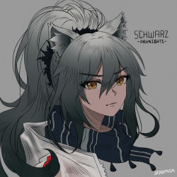 Rule 34 | 1girl, animal ear fluff, animal ears, arknights, artist name, black scarf, brown eyes, cat ears, character name, commentary, copyright name, grey background, hair between eyes, highres, long hair, looking at viewer, scarf, schwarz (arknights), seraphim throne, silver hair, simple background, solo