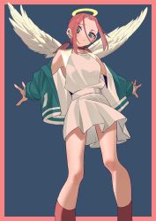 Rule 34 | 1girl, :t, absurdres, angel, angel wings, aqua jacket, blue background, blue eyes, border, choker, dress, feathered wings, feet out of frame, female focus, hair between eyes, halo, head tilt, highres, jacket, looking at viewer, low twintails, original, outside border, outstretched arms, ozorano megane, parted bangs, pink border, pink hair, pout, sash, socks, solo, spread arms, twintails, uneven eyes, white dress, wings