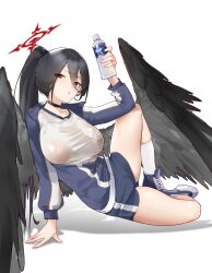 Rule 34 | 1girl, :o, absurdres, arm support, black hair, black wings, blue archive, blue footwear, blue jacket, blue shorts, bottle, breasts, commentary request, feathered wings, gym shirt, gym shorts, halo, hasumi (blue archive), hasumi (track) (blue archive), highres, holding, holding bottle, jacket, knee up, large breasts, long bangs, long sleeves, looking at viewer, mole, mole under eye, nathda, official alternate costume, official alternate hairstyle, open mouth, partially unzipped, plastic bottle, ponytail, red eyes, red halo, see-through, see-through shirt, shirt, shorts, simple background, solo, track jacket, water bottle, white background, white shirt, white soccer ball, wings