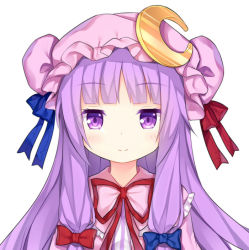 Rule 34 | 1girl, blue ribbon, blunt bangs, blush, bow, closed mouth, crescent, crescent pin, dot nose, dress, hair ribbon, hat, long hair, looking at viewer, mob cap, patchouli knowledge, pink hat, portrait, purple eyes, purple hair, red ribbon, ribbon, sidelocks, smile, solo, tengxiang lingnai, touhou, white background