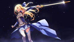 Rule 34 | 1girl, bare shoulders, blonde hair, blue skirt, breasts, elf, green eyes, hair ribbon, highres, holding, holding sword, holding weapon, light, long hair, murakami suigun, open mouth, original, pointy ears, rapier, ribbon, skirt, solo, star (sky), sword, thighhighs, weapon, white thighhighs