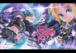 Rule 34 | 1boy, 3girls, :q, alternate costume, aqua eyes, barcode, blonde hair, blue eyes, cityscape, elbow gloves, fingerless gloves, gloves, hair ornament, hairclip, hatsune miku, hatsune miku (append), highres, kagamine len, kagamine len (append), kagamine rin, kagamine rin (append), letterboxed, long hair, megurine luka, monq, multiple girls, pink hair, short hair, smile, tongue, tongue out, twintails, very long hair, vocaloid, vocaloid append