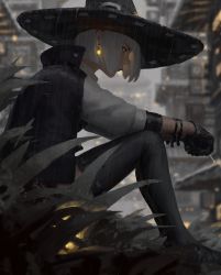 Rule 34 | 1girl, absurdres, black gloves, black thighhighs, blue eyes, bob cut, cape, cigarette, commentary, earrings, from side, gloves, glowing, glowing earrings, guweiz, hat, high collar, highres, jewelry, lips, nose, original, outdoors, rain, sitting, smoking, solo, thighhighs, white hair, witch hat