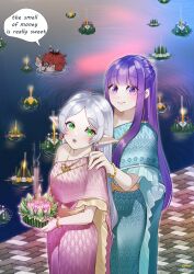 Rule 34 | 1boy, 2girls, absurdres, blue dress, blush, candle, closed mouth, coin, dress, dungodango, earrings, elf, fern (sousou no frieren), frieren, green eyes, grey hair, highres, jewelry, kratong, long hair, looking at viewer, loy kratong, multicolored hair, multiple girls, open mouth, pink dress, pointy ears, purple eyes, purple hair, red hair, river, smile, sousou no frieren, stark (sousou no frieren), swimming, thai clothes, water