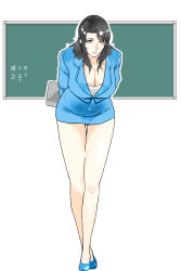 Rule 34 | 1girl, aoshika akiko, arms behind back, black eyes, black hair, blue footwear, blue skirt, book, breasts, chalkboard, cleavage, closed mouth, expressionless, feet, female focus, formal, full body, groin, highres, holding, holding book, large breasts, leaning forward, legs, long hair, looking at viewer, matching hair/eyes, shoes, skirt, solo, standing, suit, tally, teacher, thigh gap, thighs, wan (13070284), wolf guy