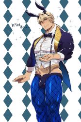 Rule 34 | 1boy, animal ears, argyle, argyle background, argyle clothes, black bow, black bowtie, blonde hair, blue jacket, blue legwear, borrowed design, bow, bowtie, bulge, bursting pectorals, coattails, fake animal ears, fate/grand order, fate (series), fishnets, gawain (fate), groin, highres, jacket, looking at viewer, male focus, male playboy bunny, muscular, outstretched hand, patterned background, pectorals, rabbit ears, shiny clothes, shiny legwear, shirt, short shorts, shorts, solo, sparkle, standplay, suspender shorts, suspenders, white shirt