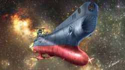 Rule 34 | battleship, flying, highres, military, military vehicle, nebula, no humans, science fiction, ship, solo, space, spacecraft, star (sky), takahiro (task02hiro), uchuu senkan yamato, uchuu senkan yamato 2199, vehicle focus, warship, watercraft, yamato (uchuu senkan yamato)