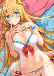 Rule 34 | 1girl, :q, ahoge, b-ginga, bad id, bad pixiv id, bare shoulders, bead bracelet, beads, bikini, blue eyes, blush, bracelet, braid, breasts, cleavage, closed mouth, collarbone, commentary request, cowboy shot, flower, gluteal fold, groin, hair between eyes, hair flower, hair ornament, hairband, hands up, jewelry, large breasts, long hair, looking at viewer, lying, navel, on back, orange hair, pecorine (princess connect!), pecorine (summer) (princess connect!), princess connect!, side-tie bikini bottom, smile, solo, strap pull, swimsuit, tongue, tongue out, very long hair, white bikini