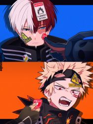 Rule 34 | 2boys, anger vein, angry, artist name, bakugou katsuki, bangs pinned back, black gloves, black outline, blonde hair, blue background, blue eyes, boku no hero academia, burn scar, cactusnabe, chromatic aberration, closed mouth, color coordination, commentary, diagonal stripes, drop shadow, english text, eye mask, eyes visible through hair, film grain, finger to another&#039;s cheek, fingerless gloves, flammable symbol, fragile symbol, frown, gloves, grey eyes, hair between eyes, hand up, heterochromia, hexagon, high collar, highres, holding, letterboxed, looking at another, male focus, mask, mask on head, mismatched pupils, multicolored hair, multiple boys, narrowed eyes, open mouth, orange background, orange gloves, outline, outside border, parted hair, pinstripe pattern, portrait, reaching, red eyes, red hair, sanpaku, scar, scar on face, short hair, sign, spiked hair, split-color hair, split screen, square, sticker on face, straight hair, striped, striped background, symbol-only commentary, todoroki shouto, triangle, twitter username, two-tone gloves, two-tone hair, v-shaped eyebrows, warning sign, white hair, white outline