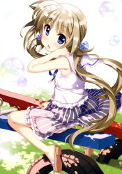Rule 34 | 1girl, :o, absurdres, ass, bare legs, blue eyes, blue ribbon, blue skirt, blush, brown footwear, bubble, candy hair ornament, child, corona timir, eyes visible through hair, flat chest, food-themed hair ornament, frilled shirt, frilled skirt, frills, fujima takuya, grass, hair ornament, hand in own hair, highres, layered skirt, looking at viewer, low twintails, lyrical nanoha, mahou shoujo lyrical nanoha vivid, neck ribbon, official art, open mouth, panties, pantyshot, ribbon, sailor collar, sandals, scan, seesaw, shiny skin, shirt, sitting, skindentation, skirt, sleeveless, sleeveless shirt, solo, striped clothes, striped skirt, tongue, twintails, underwear, vertical-striped clothes, vertical-striped skirt, wheel, white background, white frills, white panties, white sailor collar, white shirt, white skirt, wind, wind lift