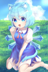 Rule 34 | 1girl, 7iro tokorotenn, absurdres, animal ear fluff, animal ears, barefoot, blue dress, blue eyes, blue hair, blue sky, blush, bow, bowtie, breasts, cat ears, cat tail, cirno, cloud, cloudy sky, collared shirt, commentary request, dress, fang, grass, hair between eyes, hand up, highres, ice, ice wings, light, looking at viewer, medium breasts, no headwear, open mouth, outdoors, puffy short sleeves, puffy sleeves, red bow, red bowtie, scenery, seiza, shirt, short hair, short sleeves, sitting, sky, smile, solo, sunlight, tail, tongue, touhou, white shirt, wings