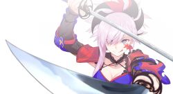 Rule 34 | 1girl, bad id, bad twitter id, blue eyes, breasts, cleavage, fate/grand order, fate (series), hair between eyes, highres, holding, holding sword, holding weapon, kurogiri, miyamoto musashi (fate), miyamoto musashi (second ascension) (fate), ponytail, sword, tongue, tongue out, weapon, white background