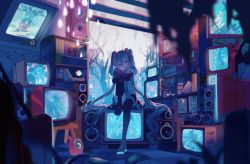Rule 34 | 1girl, aqua eyes, aqua hair, aqua nails, aqua necktie, arms on knees, backlighting, bare shoulders, blouse, blurry, blurry background, book, bookshelf, bug, butterfly, crossed arms, detached sleeves, hair ornament, hatsune miku, head rest, highres, hitokoto, hugging own legs, insect, long hair, looking at viewer, matryoshka (vocaloid), nail polish, necktie, number tattoo, romeo to cinderella (vocaloid), senbon-zakura (vocaloid), shinkai shoujo (vocaloid), shirt, shoulder tattoo, sitting, sitting on object, sleeveless, sleeveless shirt, smile, solo, speaker, stool, suna no wakusei (vocaloid), tagme, tattoo, television, thighhighs, tree, twintails, very long hair, vocaloid, wide shot