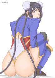 Rule 34 | 1girl, aq interactive, arcana heart, artist name, ass, atlus, examu, looking at viewer, looking back, mei-fang, papepox2, simple background, solo, squatting, white background