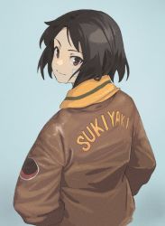 Rule 34 | 1girl, bandaid, bandaid on face, black eyes, black hair, blue background, brave witches, brown jacket, closed mouth, commentary, from behind, highres, jacket, kanno naoe, leather, leather jacket, looking back, shiratama (hockey), short hair, simple background, solo, upper body, world witches series