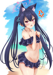 Rule 34 | 1girl, absurdres, anger vein, angry, animal ear fluff, animal ears, arched back, bare shoulders, bikini, black bikini, black hair, blue archive, blush, breasts, cat ears, cowboy shot, frilled bikini, frills, from side, hair between eyes, hair ribbon, halo, hands up, highres, kaigan, long hair, looking at viewer, midriff, navel, open mouth, red eyes, ribbon, serika (blue archive), small breasts, solo, standing, swimsuit, twintails, v-shaped eyebrows, very long hair