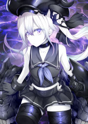 Rule 34 | 10s, 1girl, abyssal ship, amputee, black gloves, collar, collarbone, cuffs, destroyer princess, gloves, hair between eyes, kantai collection, long hair, midriff, navel, pale skin, purple eyes, revision, rui shi (rayze ray), sailor collar, side ponytail, sitting, solo, white hair