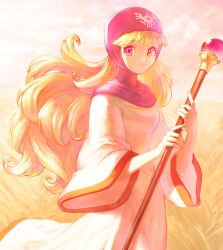 Rule 34 | 1girl, blonde hair, dragon quest, dragon quest ii, head scarf, highres, holding, holding staff, long hair, outdoors, princess of moonbrook, robe, smile, solo, staff, white robe, yuza