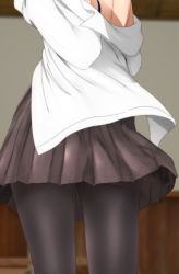 Rule 34 | 1girl, blurry, blurry background, brown skirt, commentary request, indoors, original, out of frame, pantyhose, plaid, plaid skirt, shirt, skirt, solo, undressing, white shirt, yadokari genpachirou