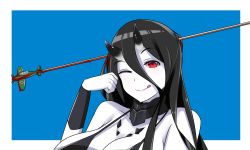 Rule 34 | 10s, 1girl, abyssal ship, aircraft, airplane, altronage, arrow (projectile), arrow in body, arrow in head, bare shoulders, battleship princess, bikini, bikini top only, black hair, blood, blue background, breasts, closed mouth, collar, collarbone, colored skin, commentary, dojikko pose, hair between eyes, highres, horns, kantai collection, large breasts, long hair, looking at viewer, object through head, pale skin, propeller, red eyes, simple background, skin-covered horns, solo, strap gap, swimsuit, upper body, v-shaped eyebrows, very long hair, white skin, wristband