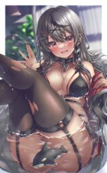 Rule 34 | 1girl, :d, absent, absurdres, afloat, black garter straps, black hair, bra, breasts, cleavage, dark skin, garter straps, grey hair, highres, hololive, large breasts, looking at viewer, multicolored hair, off shoulder, open mouth, orca, red eyes, sakamata chloe, smile, streaked hair, thighhighs, underwear, virtual youtuber