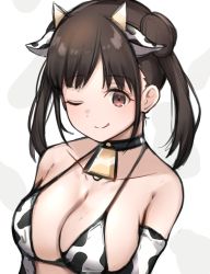 Rule 34 | 1girl, ;q, animal ears, animal print, bare shoulders, bell, bikini, black choker, blush, breasts, brown hair, choker, cleavage, closed mouth, collarbone, cow ears, cow horns, cow print, cowbell, double bun, elbow gloves, gloves, hair bun, highres, horns, idolmaster, idolmaster shiny colors, kemonomimi mode, kunugi miyaco, large breasts, looking at viewer, neck bell, one eye closed, print bikini, print gloves, red eyes, short hair, short twintails, smile, solo, sonoda chiyoko, swimsuit, tongue, tongue out, twintails, two-tone background, upper body