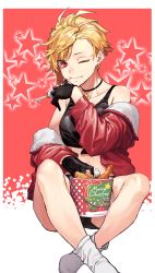 Rule 34 | 1girl, absurdres, black gloves, blonde hair, bucket of chicken, choker, earrings, gloves, highres, jacket, jewelry, midriff, one eye closed, open clothes, open jacket, original, red eyes, red jacket, reiga (act000), short hair, shorts, sitting, solo, star (symbol), starry background, wiping mouth