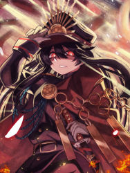 Rule 34 | 1girl, black hair, black hat, cape, crest, family crest, fate/grand order, fate (series), gloves, hat, highres, long hair, long sleeves, m0 chi, military, military hat, military uniform, oda nobunaga (fate), oda nobunaga (koha-ace), oda uri, peaked cap, red cape, red eyes, solo, uniform, white gloves