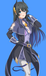 Rule 34 | 1girl, ahoge, arm up, belt, black choker, black gloves, black hair, blue background, blue eyes, blue hair, blush, breasts, capelet, choker, cleavage, clothing cutout, cosplay, dars (recolors), elbow gloves, gloves, hand on own hip, highres, horns, jewelry, long hair, looking at viewer, open mouth, princess connect!, rei (princess connect!), rei (princess connect!) (cosplay), small breasts, smile, solo, straight hair, voice actor connection, white legwear, yahari ore no seishun lovecome wa machigatteiru., yukinoshita yukino