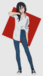 Rule 34 | 1girl, :o, alternate costume, black footwear, black hair, blue eyes, blue pants, casual, collared shirt, contrapposto, denim, dress shirt, full body, glasses, hair between eyes, head tilt, hibike! euphonium, highres, jeans, kamo kamen, long hair, looking away, looking to the side, open mouth, over-rim eyewear, pants, red-framed eyewear, semi-rimless eyewear, shirt, sleeves pushed up, solo, standing, tanaka asuka, two-tone background, white shirt