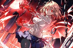 Rule 34 | 1girl, absurdres, arcueid brunestud, black pantyhose, blonde hair, blood, blood on clothes, blood on hands, blue skirt, breasts, chain, claws, commentary, cowboy shot, ebora, english commentary, eyelashes, fate (series), frown, full moon, highres, large breasts, leg up, long sleeves, looking at viewer, magic, miniskirt, moon, night, night sky, open mouth, outdoors, outstretched arm, pantyhose, pleated skirt, raised eyebrows, red eyes, red sky, shirt, short hair, skirt, sky, slit pupils, solo, teeth, tsukihime, turtleneck, turtleneck shirt, white shirt, white sleeves