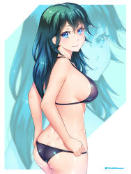 Rule 34 | 1girl, ass, back, bikini, black bikini, blue eyes, blush, breasts, byleth (fire emblem), closed mouth, etchimune, fire emblem, fire emblem: three houses, fire emblem warriors: three hopes, intelligent systems, long hair, looking at viewer, nintendo, simple background, smile, solo, swimsuit